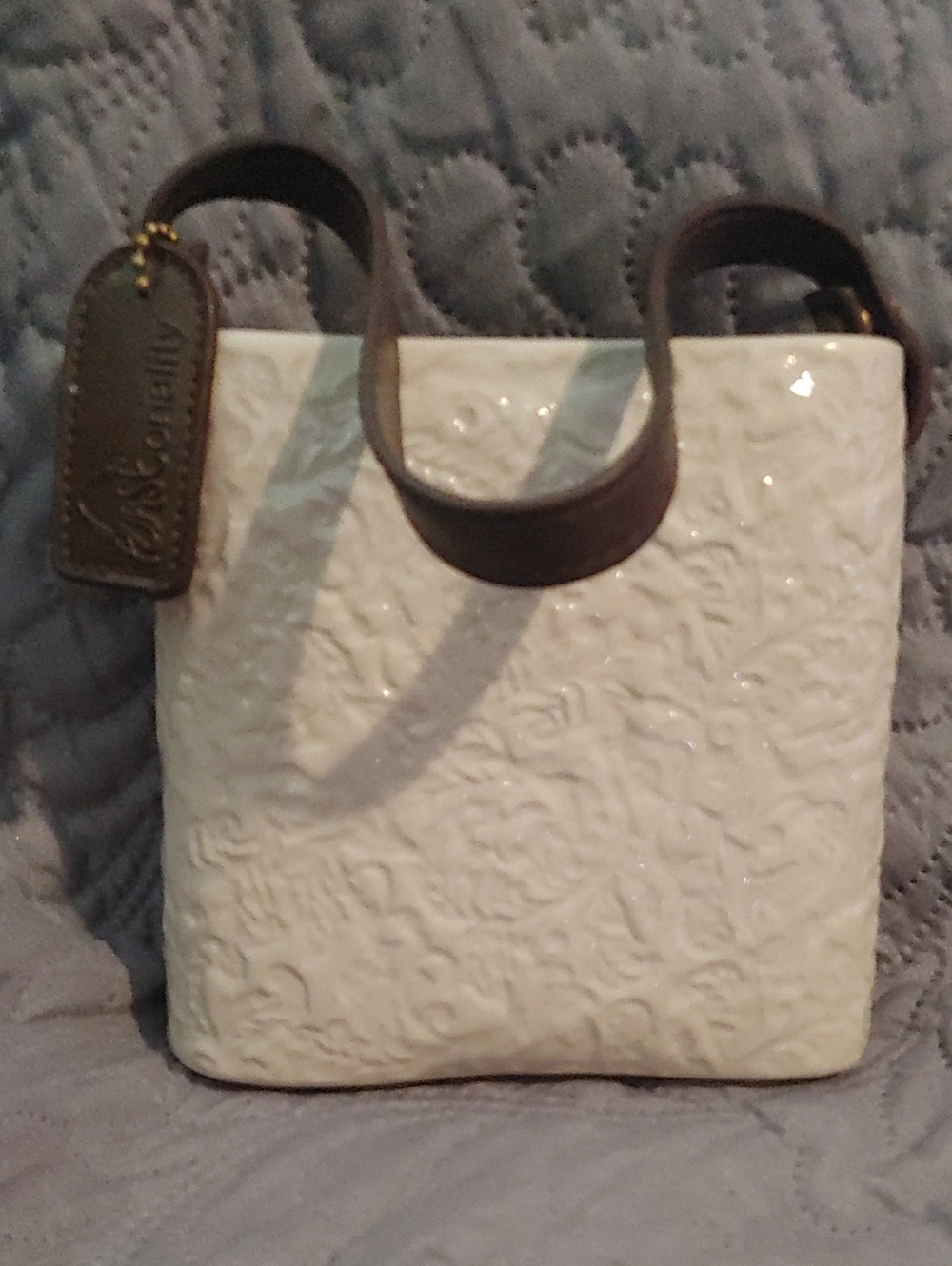 White Embossed Leather Tote with Brown Handles